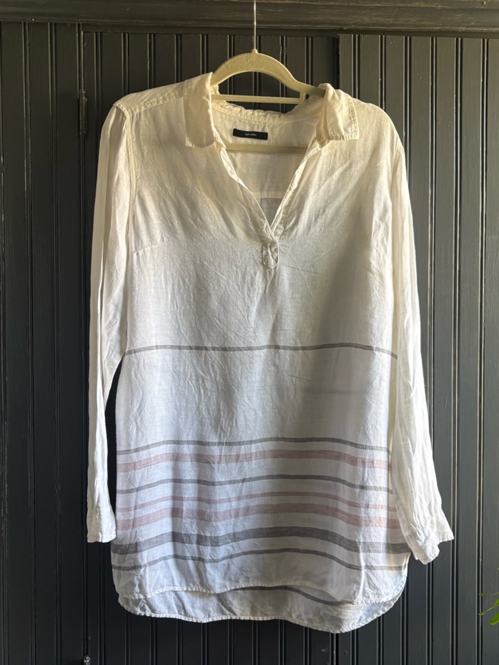Lightweight Linen White Long-Sleeve Tunic Top with Subtle Stripes size Medium